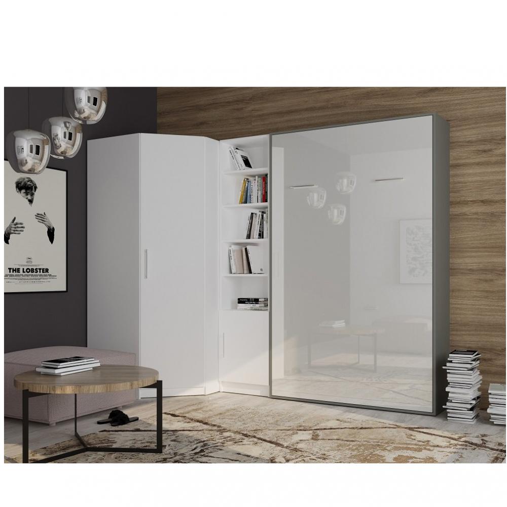 Composition armoire lit SMART-V2 140*200 cm, gris graphite mat / façade gloss blanc brillant, angle 
