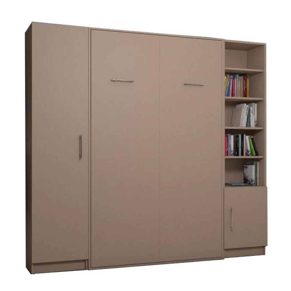 Composition armoire lit escamotable SMART-V2 Taupe mat Couchage 140 x 200 cm colonne armoire et bibl