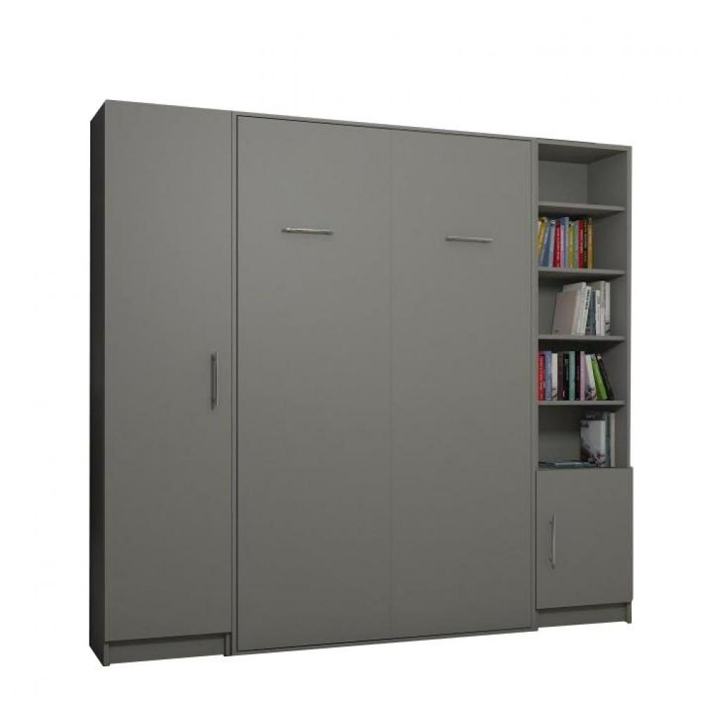 Composition armoire lit escamotable SMART-V2 gris mat Couchage 140 x 200 cm colonne armoire et bibli