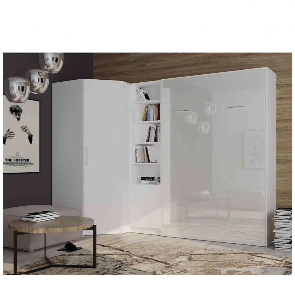 Composition armoire lit SMART-V2 160*200 cm, blanc mat / façade gloss blanc brillant, angle + biblio