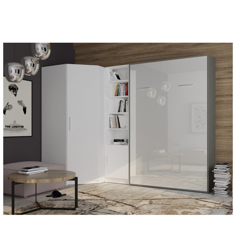 Composition armoire lit SMART-V2 160*200 cm, gris graphite mat / façade gloss blanc brillant, angle 