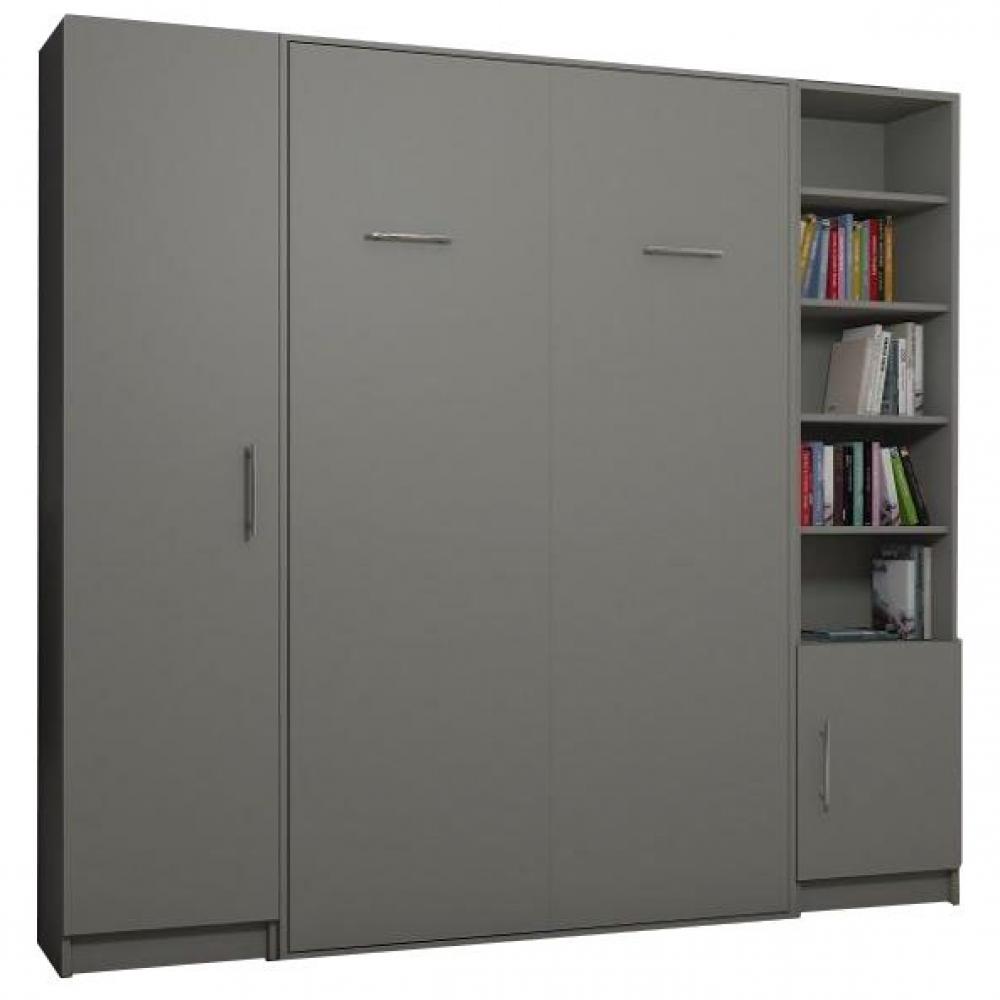 Composition armoire lit escamotable SMART-V2 gris mat Couchage 160 x 200 cm colonne armoire et bibli