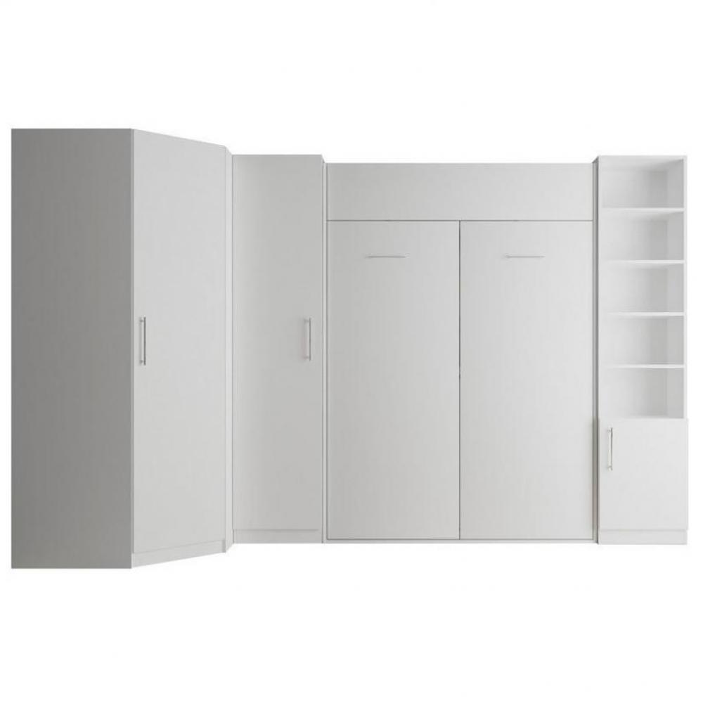 Composition armoire lit escamotable SMART-V2 blanc mat Couchage 140 x 200 cm 2 colonnes rangements +
