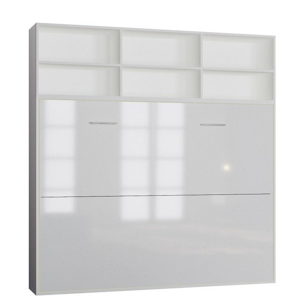 Armoire lit horizontale STRADA-V2 structure blanc mat façade blanc brillant avec surmeuble 140*200 c