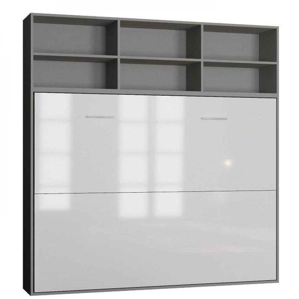 Armoire lit horizontale STRADA-V2 structure gris mat façade blanc brillant avec surmeuble 140*200 cm
