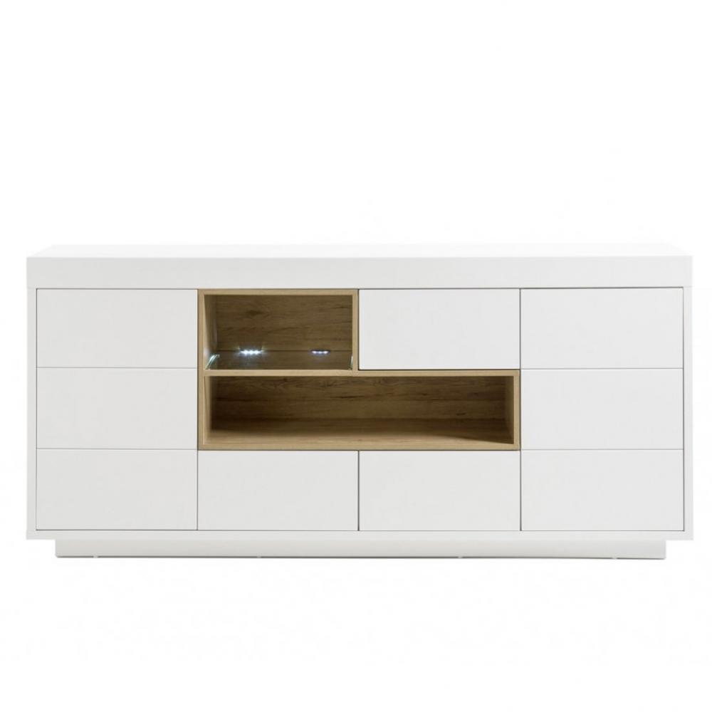 Buffet CLEO 193 cm blanc laqué mat 2 portes 3 tiroirs 2 niches décor chêne