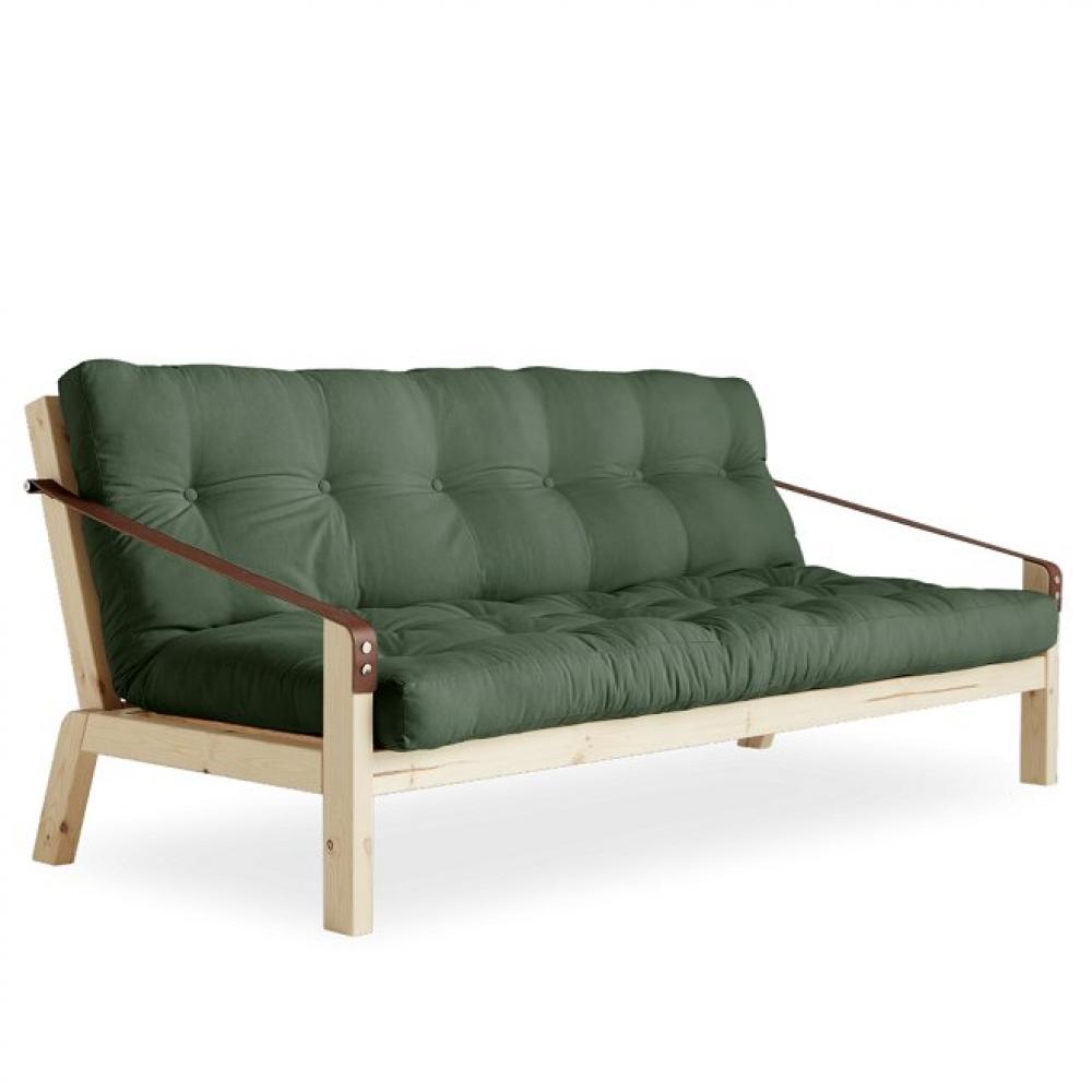 Banquette futon OLRIK en pin massif coloris vert olive couchage 130 x 190 cm.