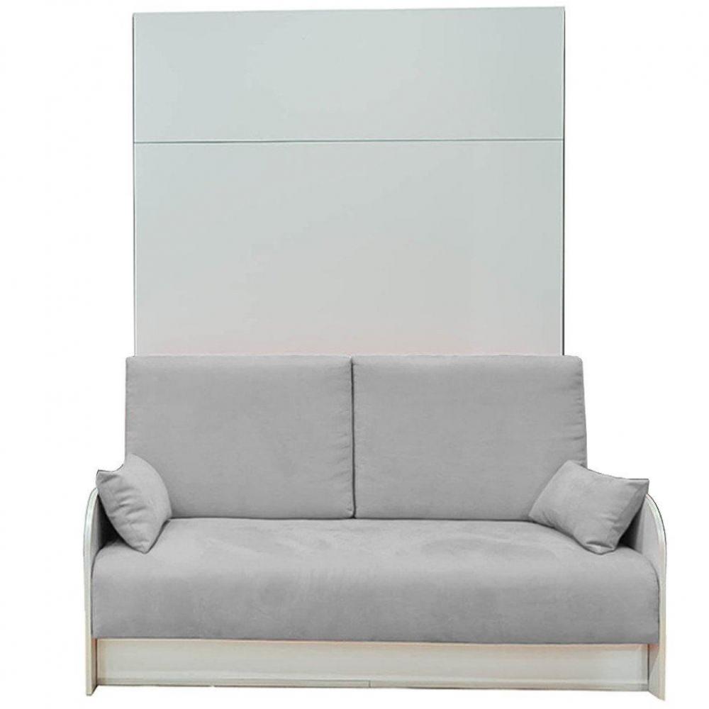 Armoire lit escamotable 160 cm BOX coloris blanc canapé coffre intégré tissu gris clair