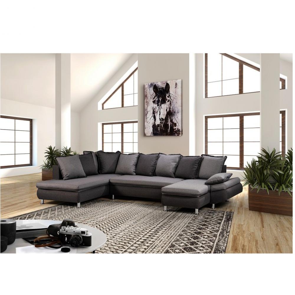 Canapé d'angle panoramique méridienne + chaise longue HAMILTON tissu bi-ton savana gris et gris garp