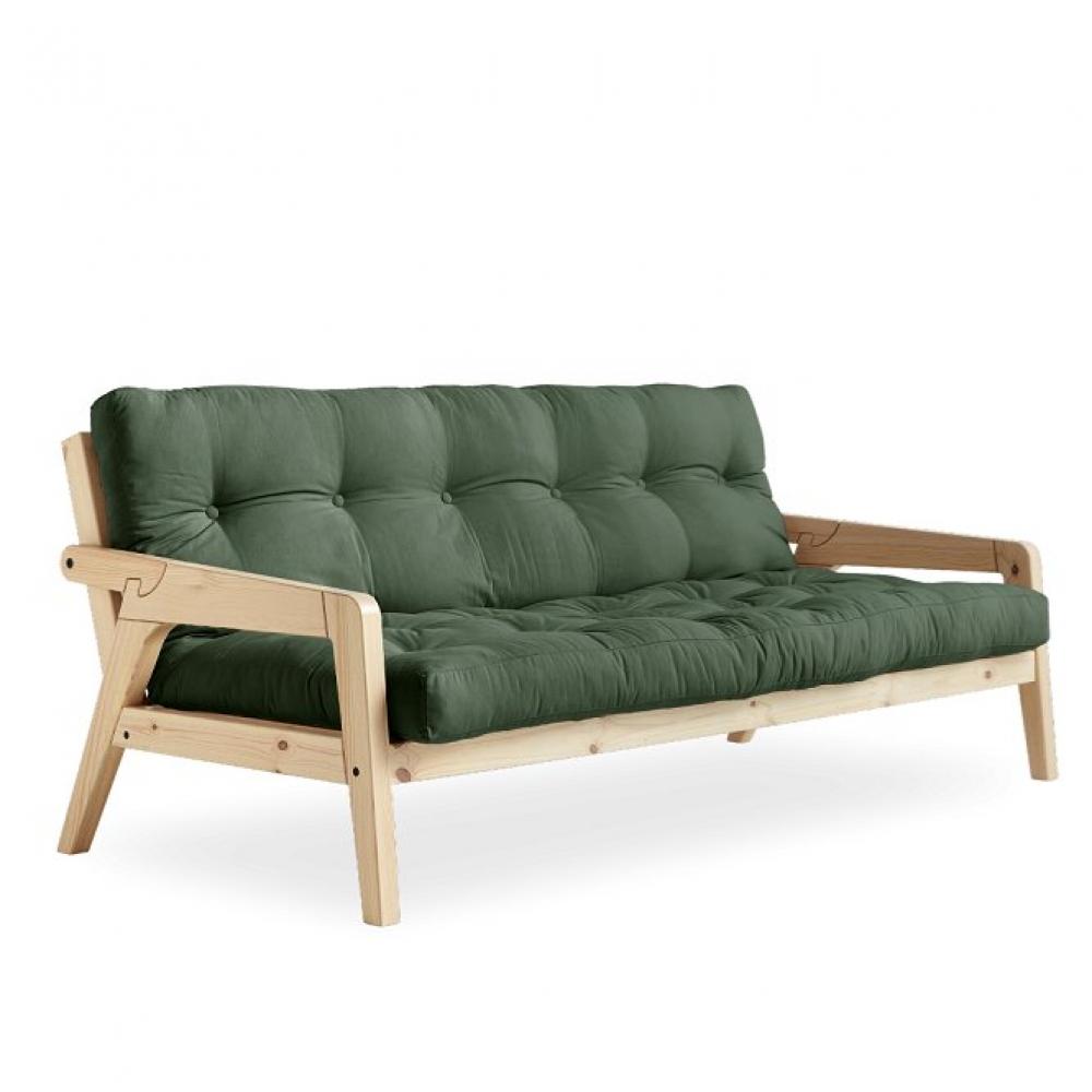 Canapé convertible futon GERDA pin naturel coloris vert olive couchage 130 cm.