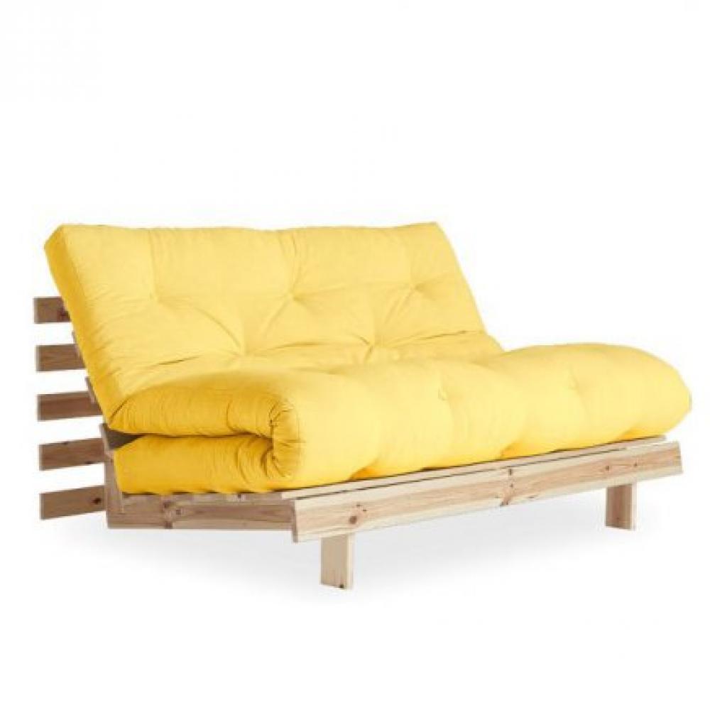 Canapé convertible futon RACINES pin naturel coloris jaune couchage 140*200 cm.