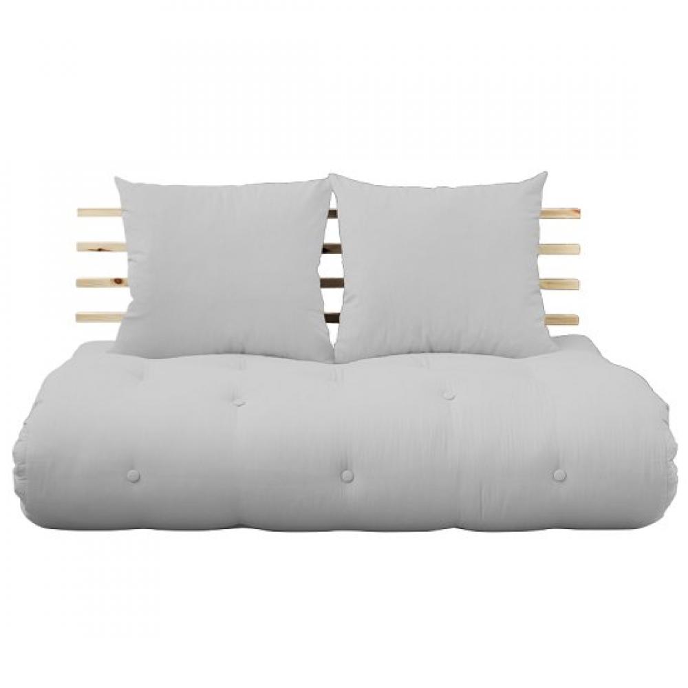 Canapé lit futon SOLVEIG gris clair et pin massif couchage 140*200 cm.
