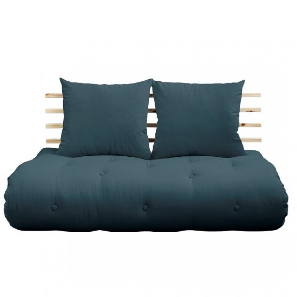 Canapé lit futon SOLVEIG bleu pétrole et pin massif couchage 140*200 cm.