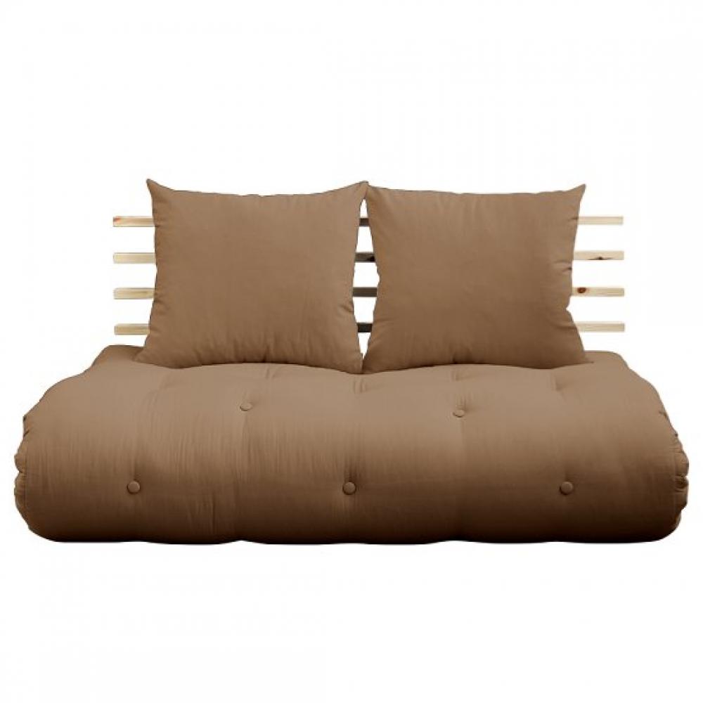 Canapé lit futon SOLVEIG mocca et pin massif couchage 140*200 cm.