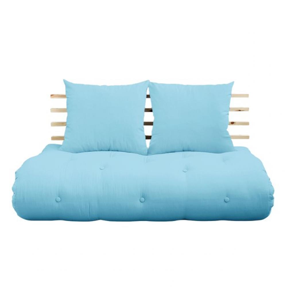 Canapé lit futon SOLVEIG bleu clair et pin massif couchage 140*200 cm.