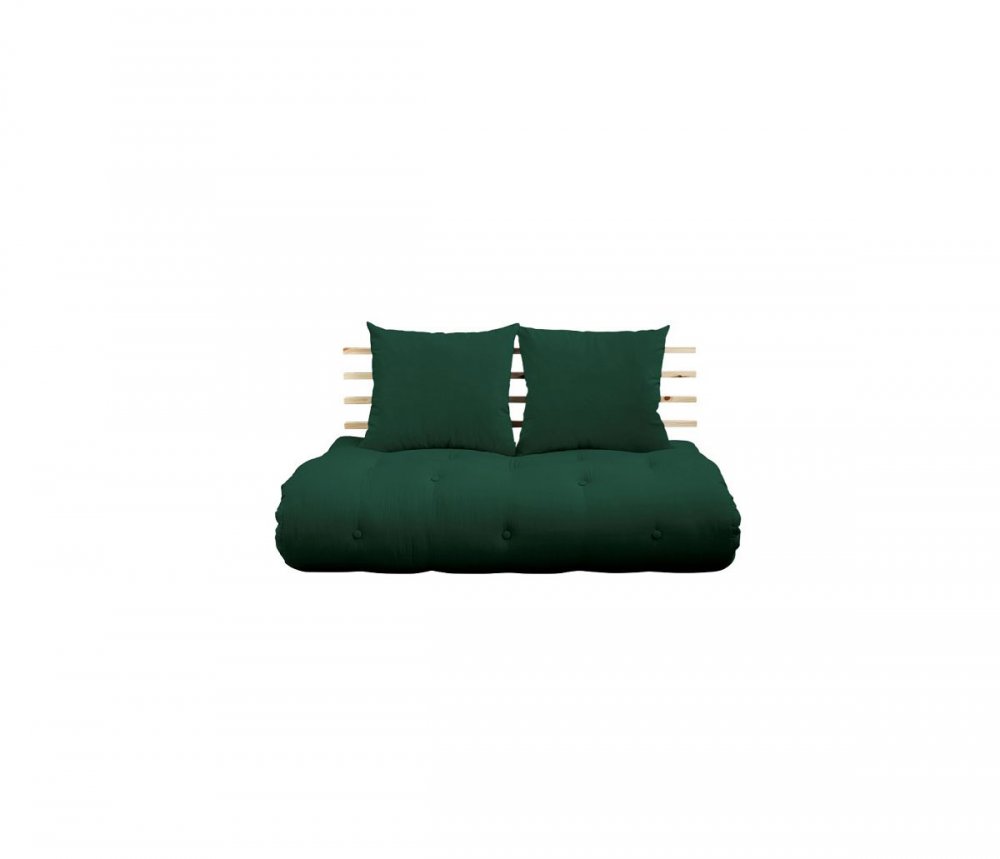 Canapé lit futon SOLVEIG vert forêt et pin massif couchage 140*200 cm.