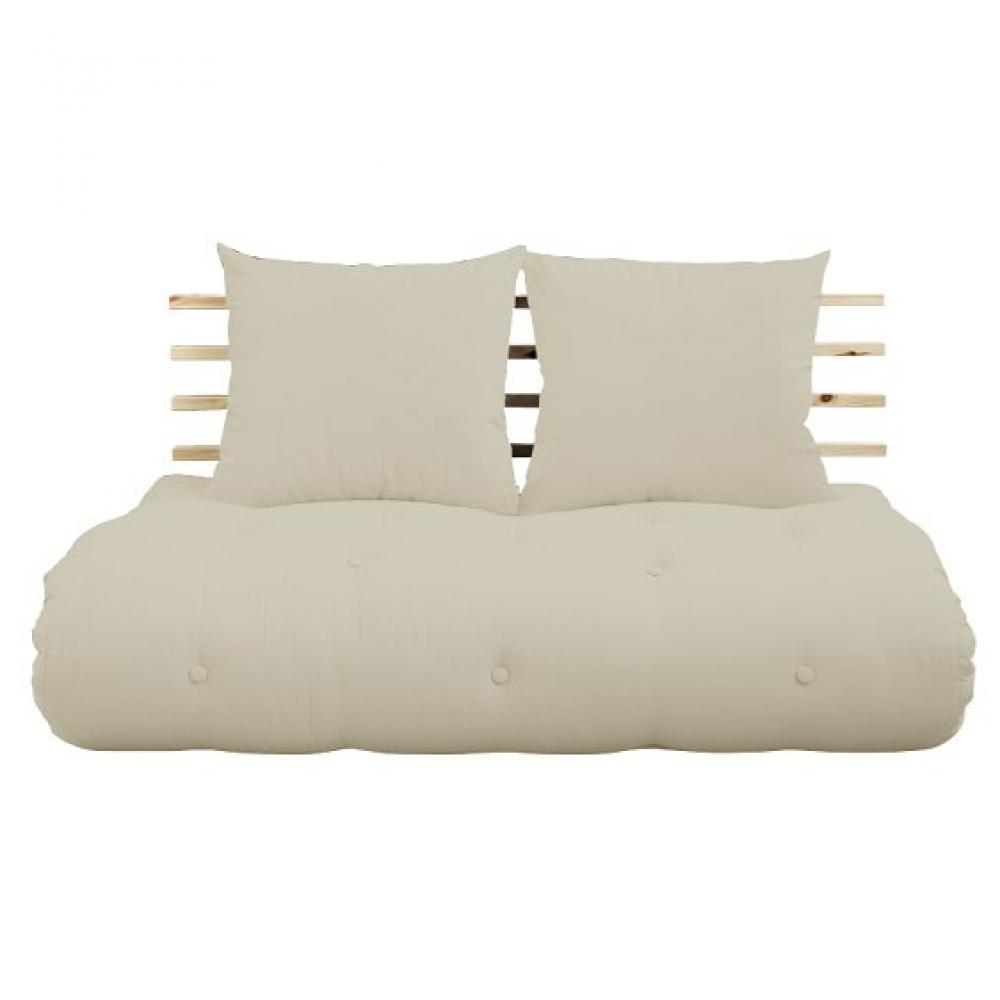Canapé lit futon SOLVEIG beige et pin massif couchage 140*200 cm.