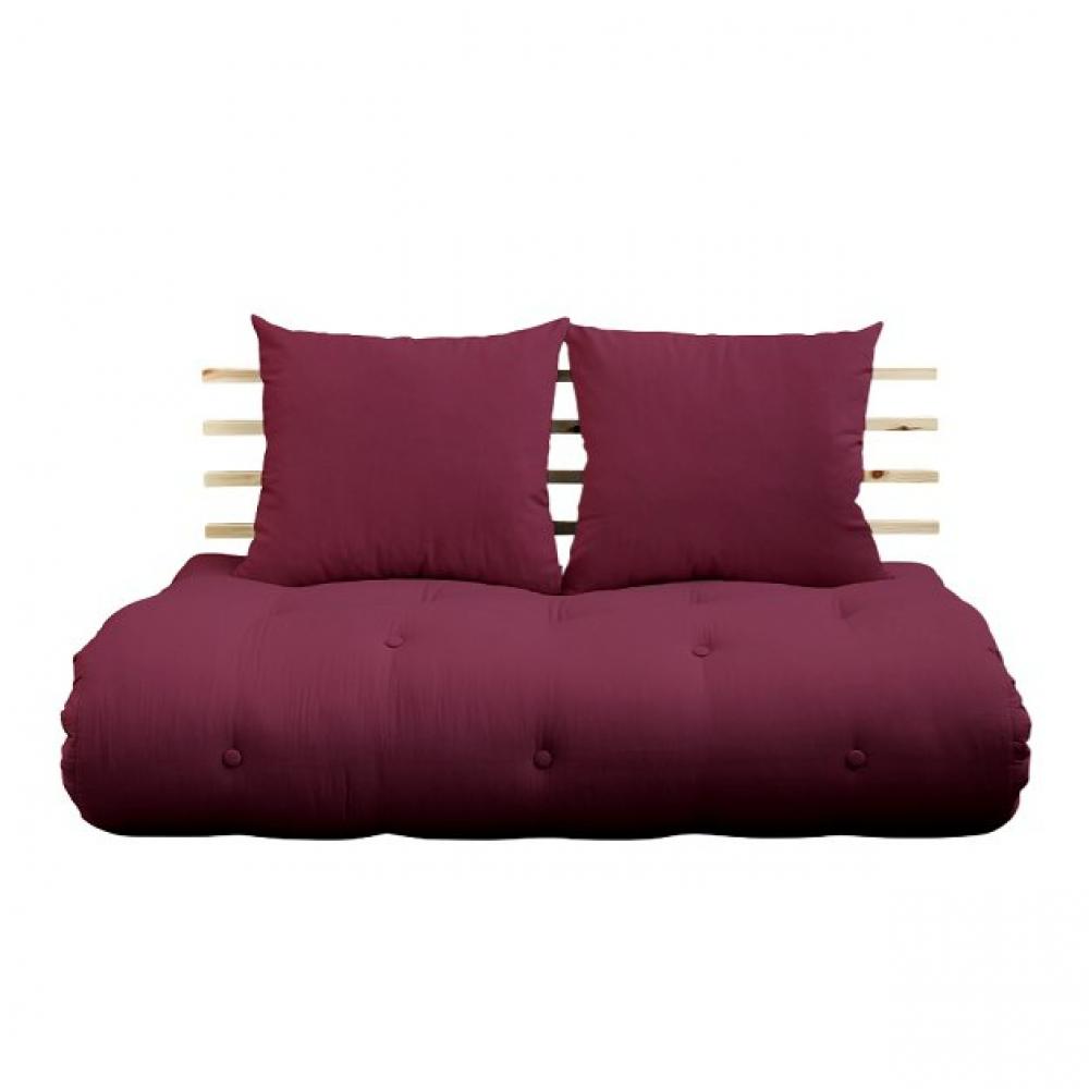 Canapé lit futon SOLVEIG bordeaux et pin massif couchage 140*200 cm.