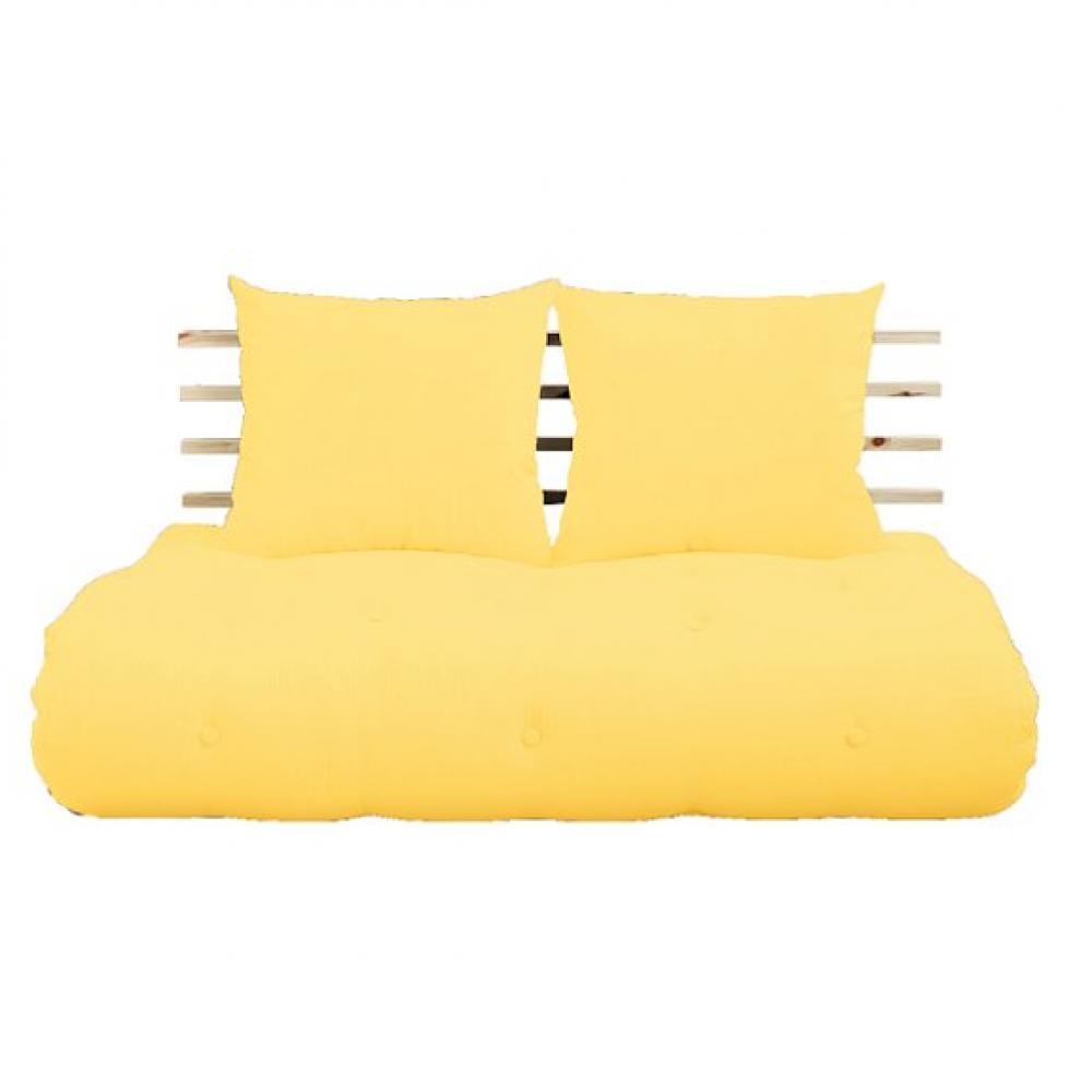 Canapé lit futon SOLVEIG jaune et pin massif couchage 140*200 cm.