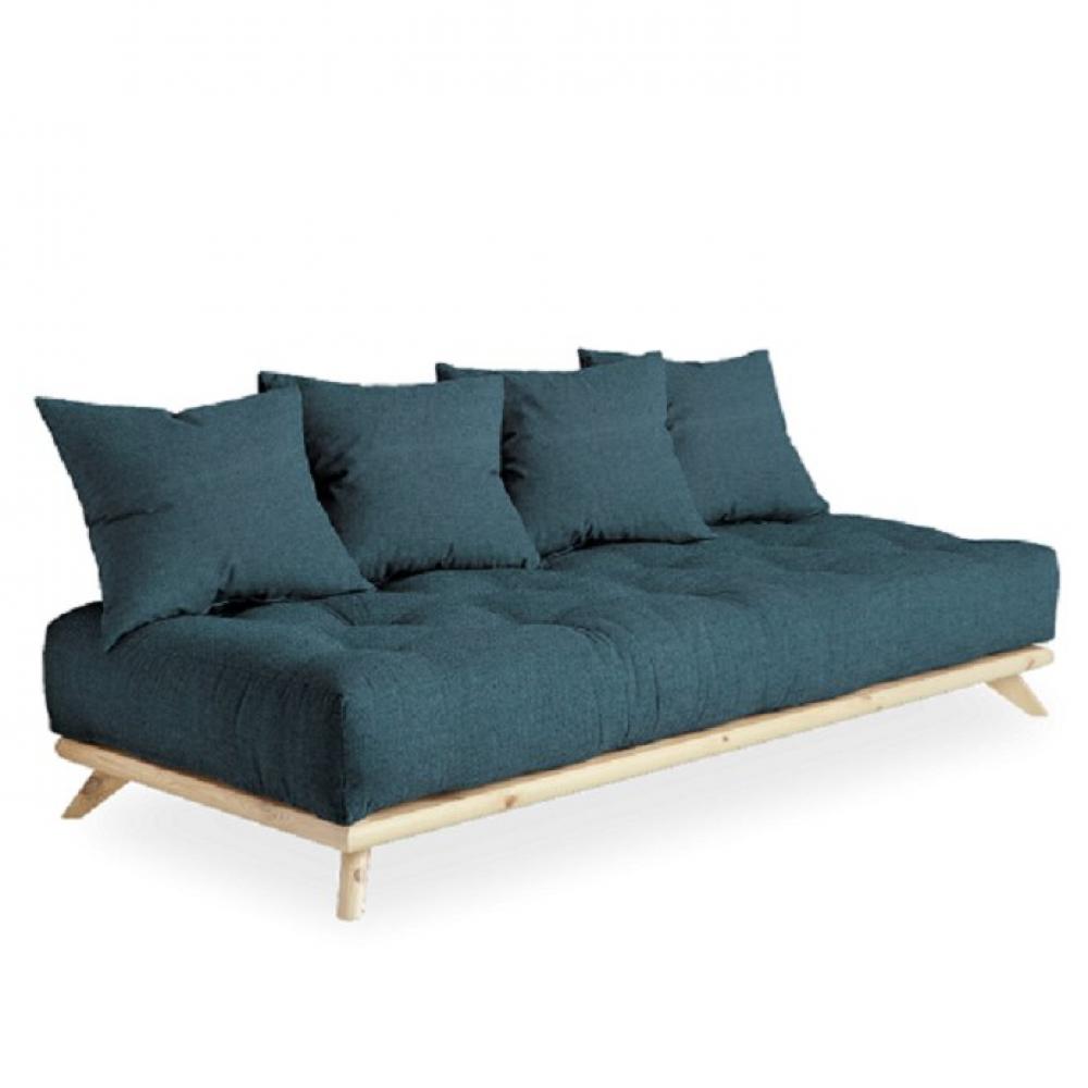 Canapé convertible futon SOREN pin naturel coloris bleu profond couchage 90 cm.