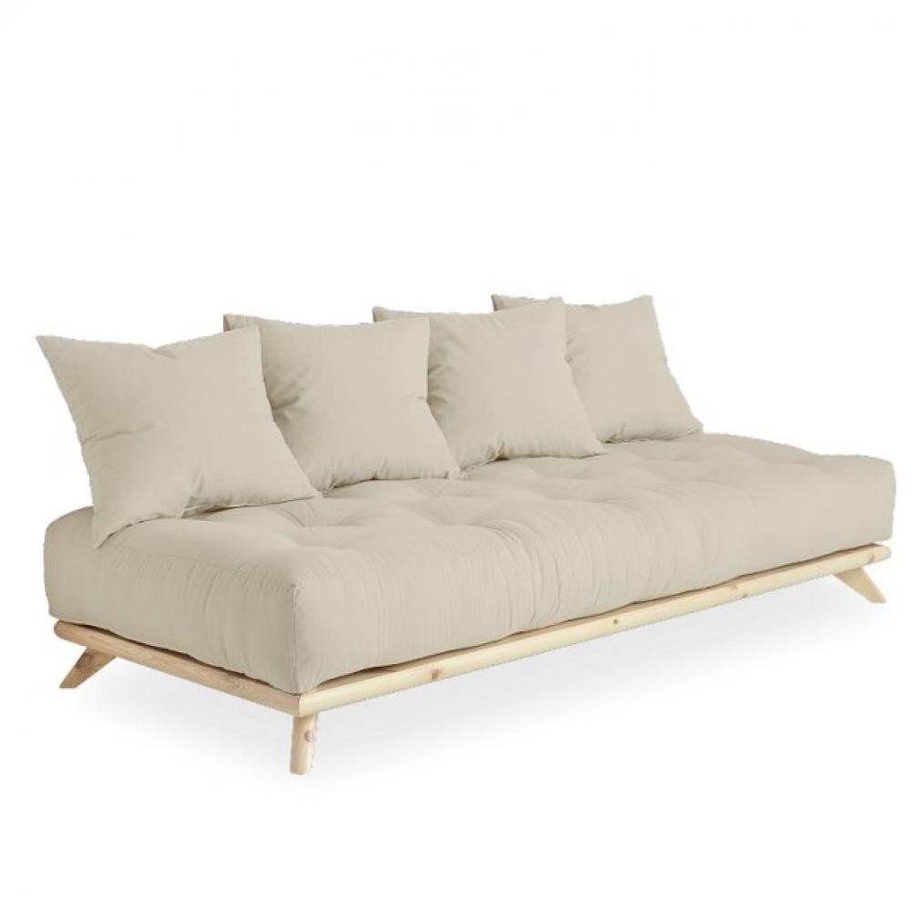 Canapé convertible futon SOREN pin naturel coloris beige couchage 90 cm.