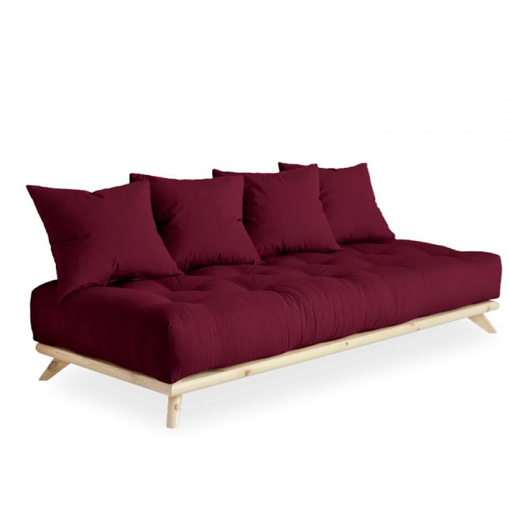 Canapé convertible futon SOREN pin naturel coloris bordeaux couchage 90 cm.
