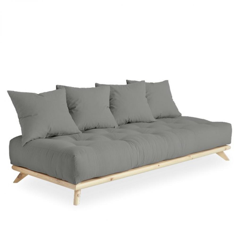 Canapé convertible futon SOREN pin naturel coloris gris couchage 90 cm.