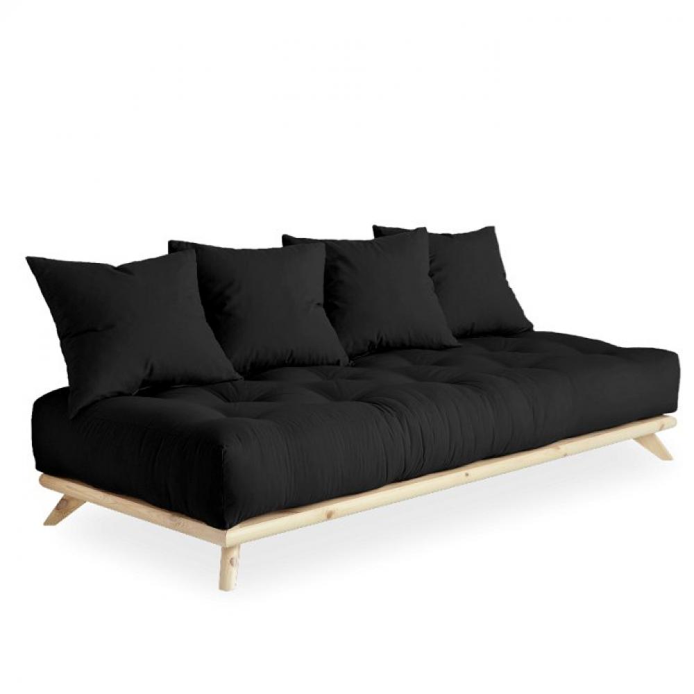 Canapé convertible futon SOREN pin naturel coloris gris foncé couchage 90 cm.