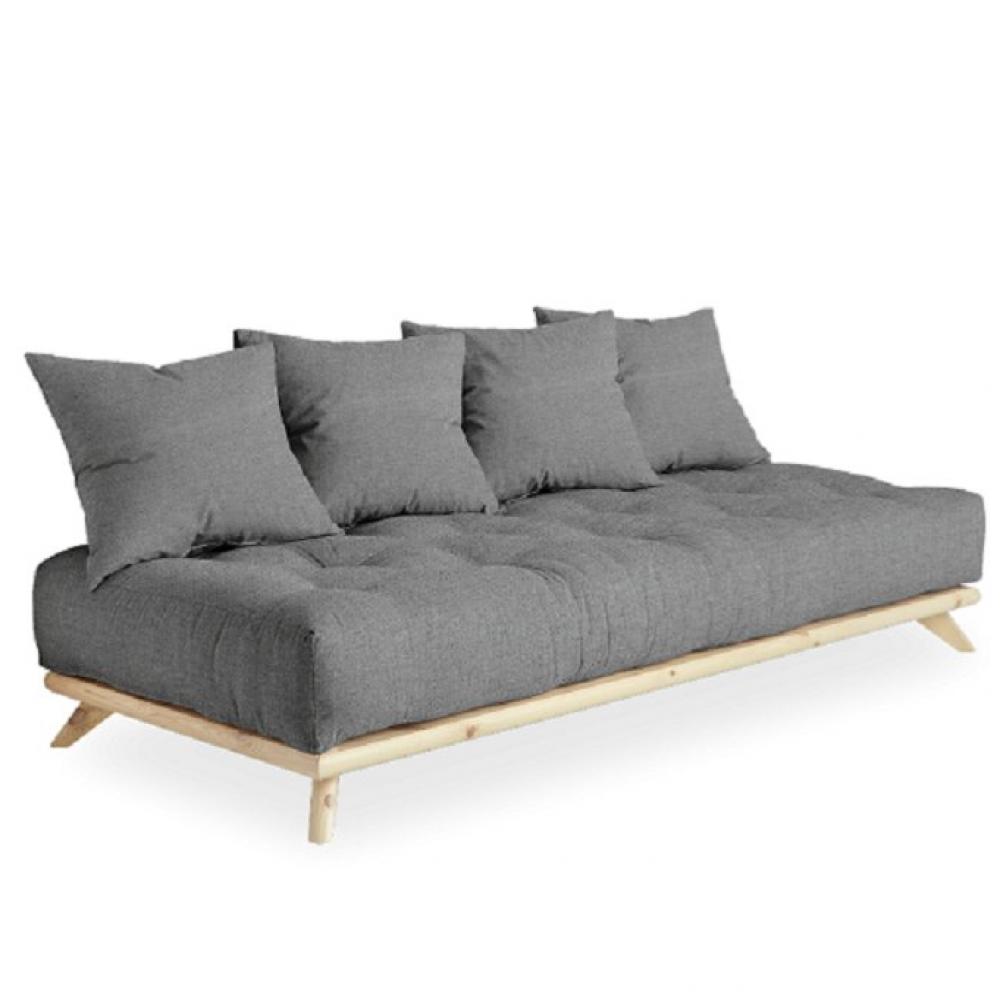 Canapé convertible futon SOREN pin naturel coloris gris granit couchage 90 cm.
