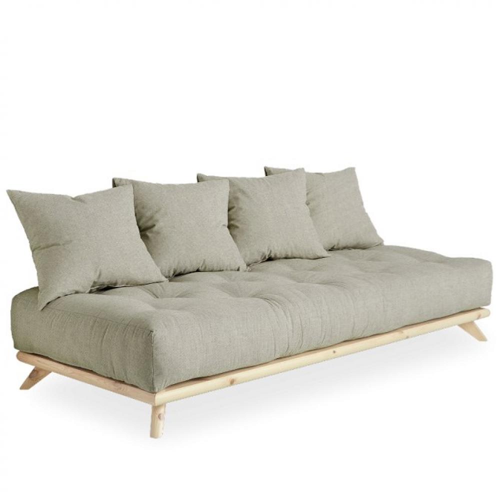 Canapé convertible futon SOREN pin naturel tissu lin couchage 90 cm.