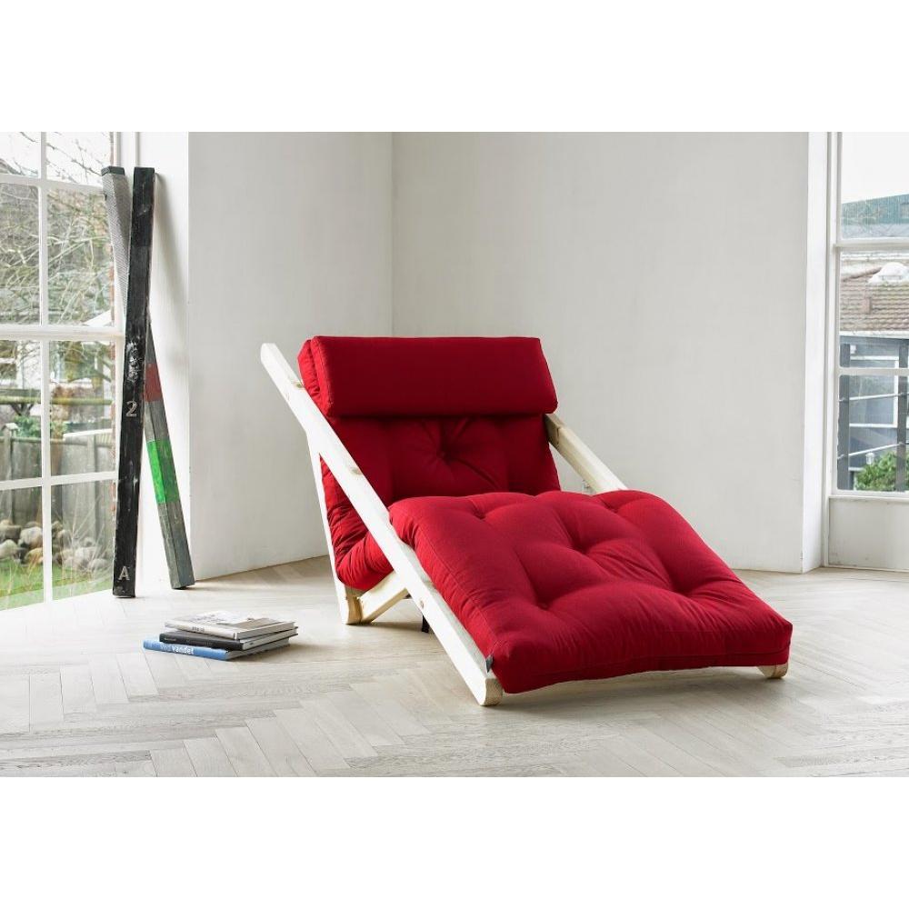 Chaise longue futon scandinave VIGGO pin massif coloris bordeaux couchage 70*200 cm.