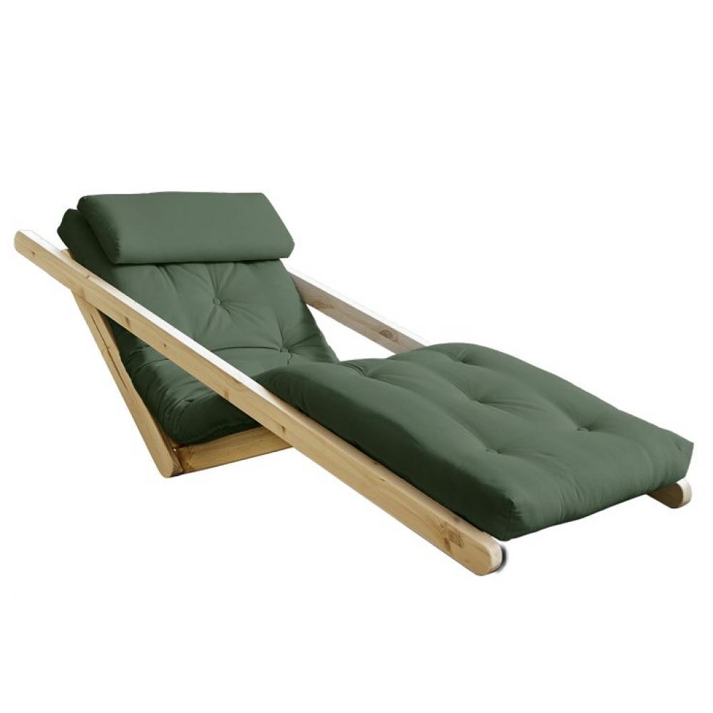 Chaise longue futon scandinave VIGGO pin massif coloris vert olive couchage 70*200 cm.