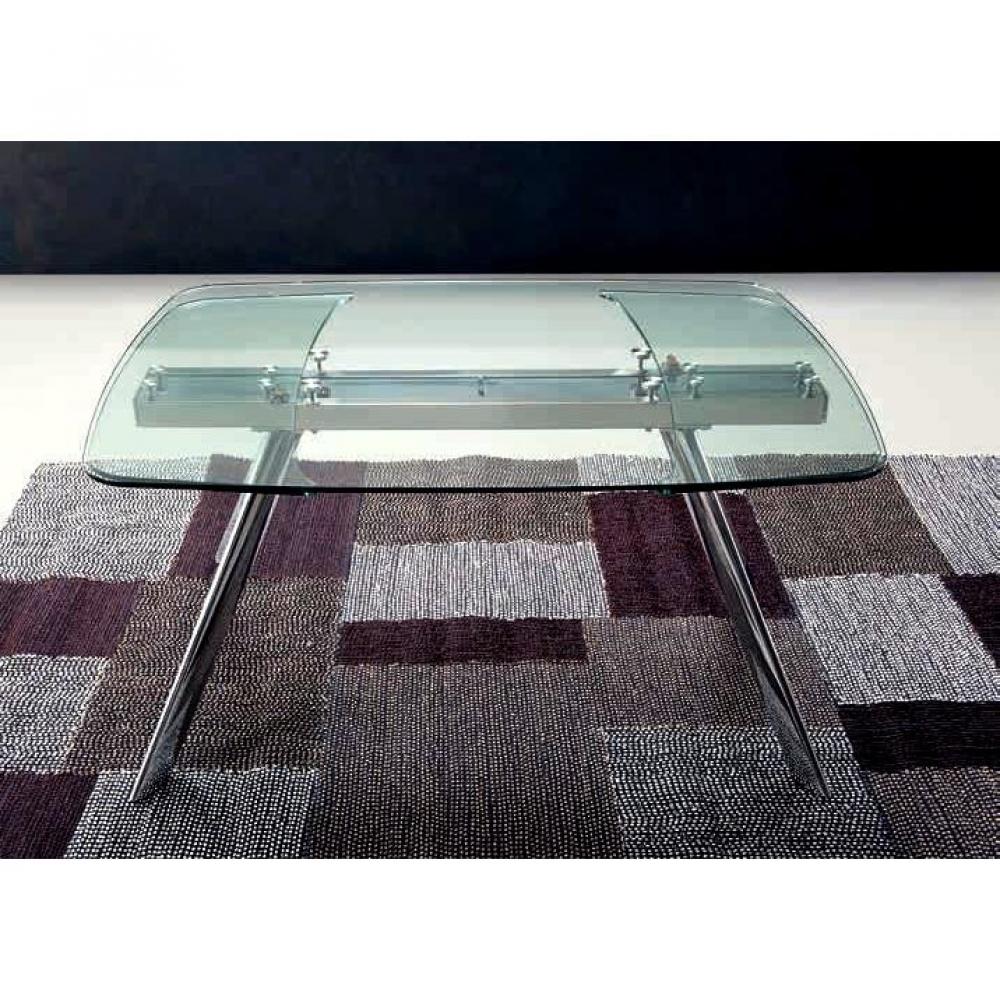 CHRONOS Table repas extensible, plateau en verre, piétement en métal chromé
