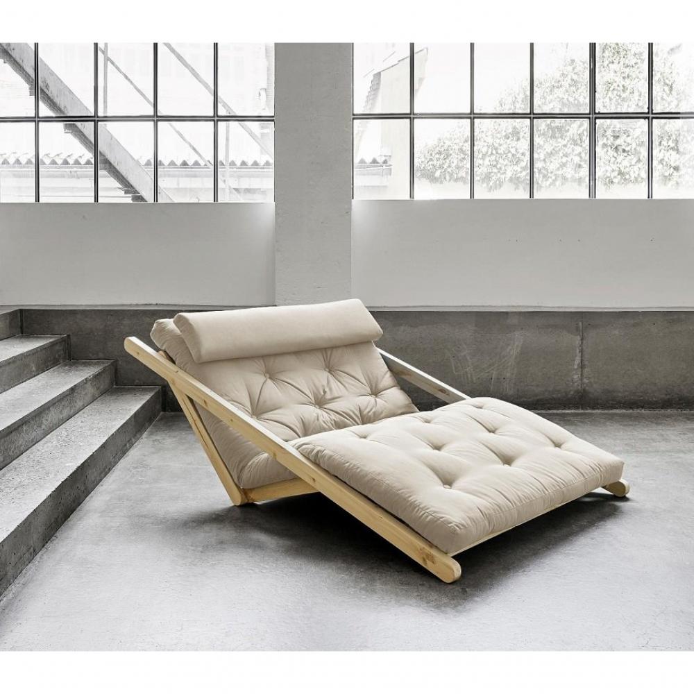 Fauteuil futon style scandinave VIGGO pin massif tissu beige couchage 120*200 cm.