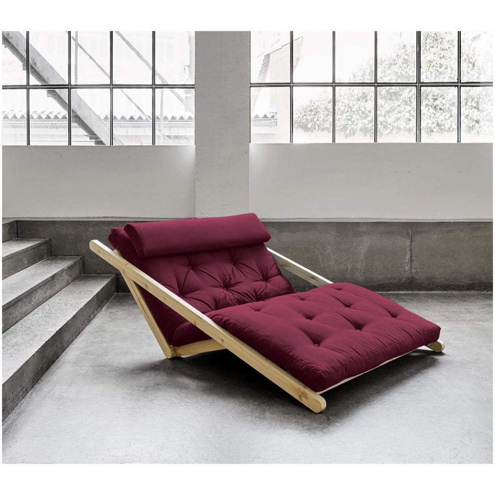 Fauteuil futon style scandinave VIGGO pin massif tissu bordeaux couchage 120*200 cm.