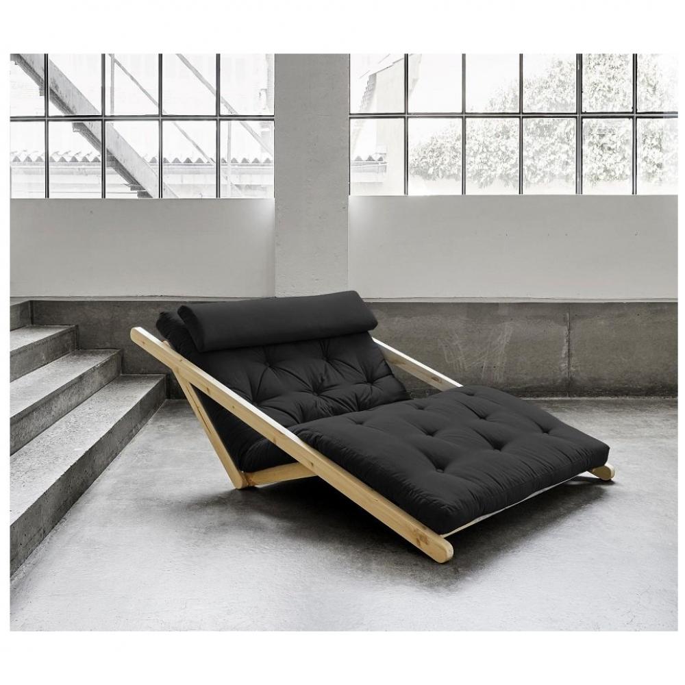 Fauteuil futon style scandinave VIGGO pin massif tissu gris foncé couchage 120*200 cm.