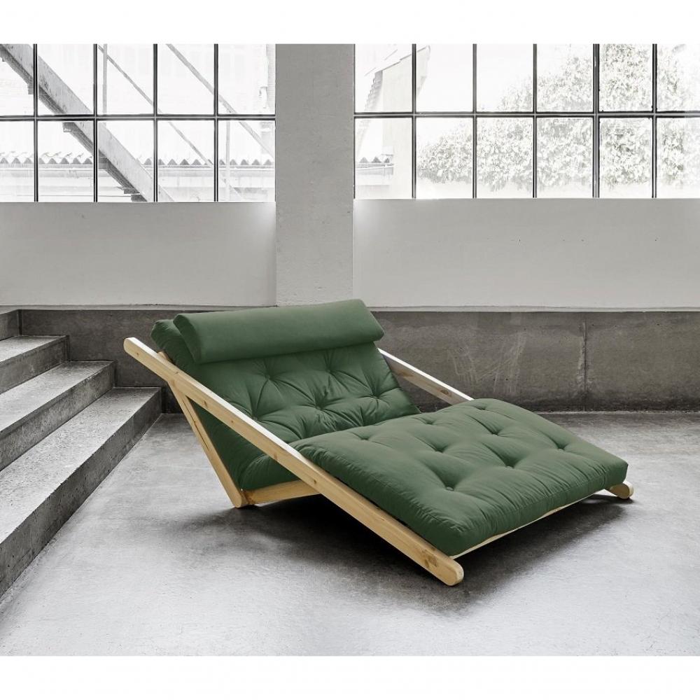 Fauteuil futon style scandinave VIGGO pin massif tissu vert olive couchage 120*200 cm.