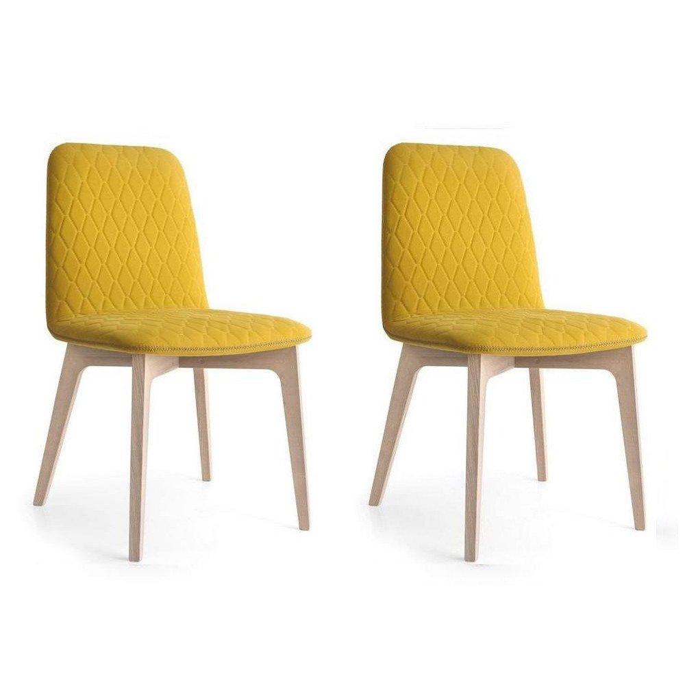 Lot de 2 chaises SAMI piétement bois naturel assise tissu jaune moutarde