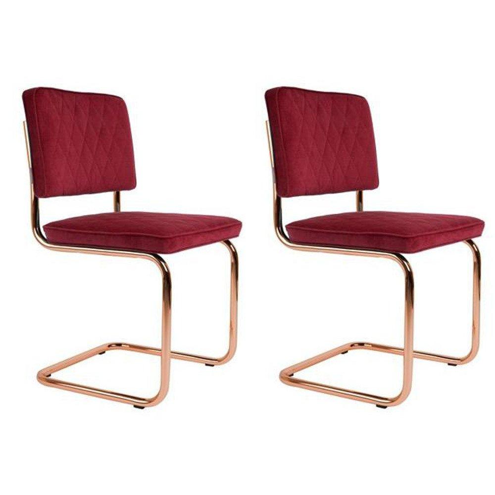 ZUIVER Lot de 2 chaises DIAMOND tissu rouge avec cadre cuivré