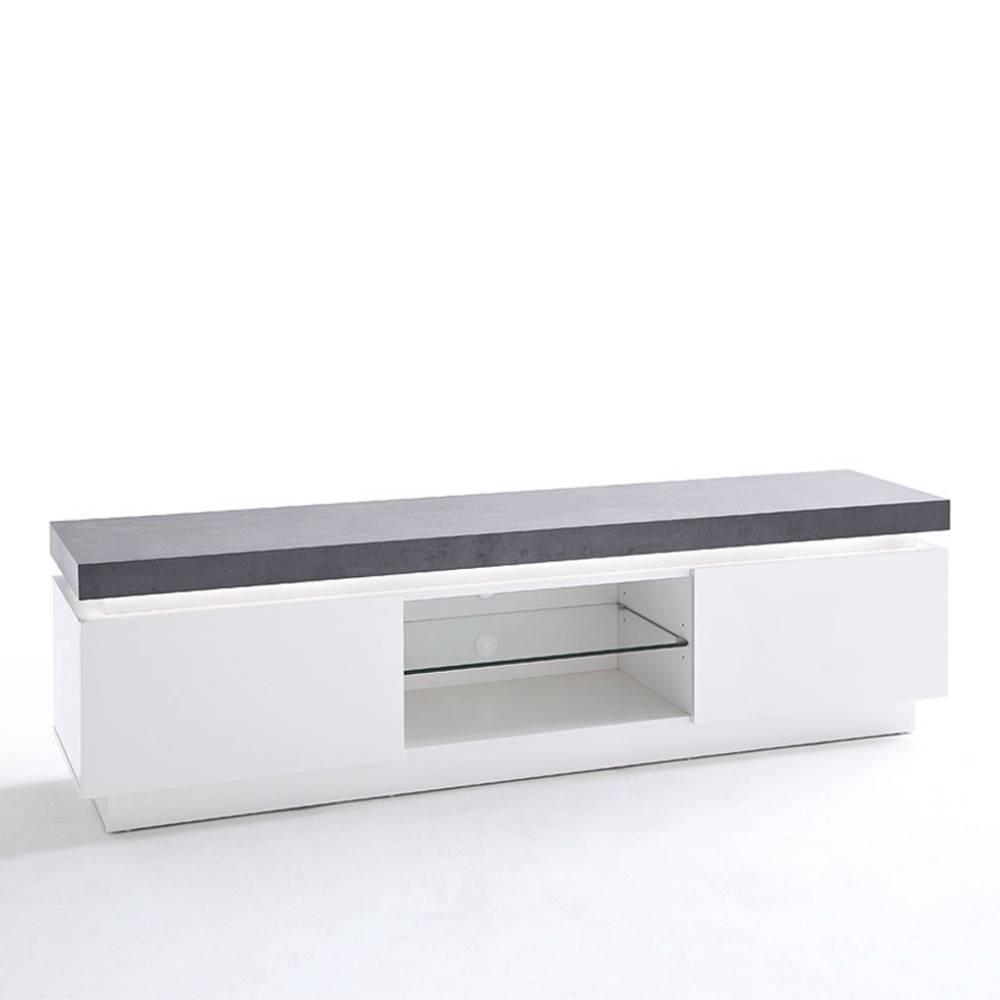 Meuble TV design ATLANTIS laqué blanc mat et béton 2 portes LED blanc inclus