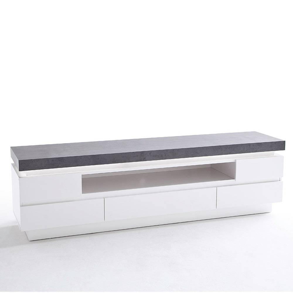 Meuble TV design ATLANTA finition laquée blanc mat et imitation béton 5 tiroirs LED inclus