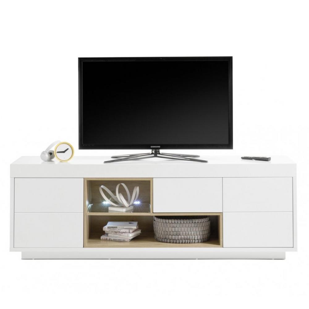 Meuble TV CLEO 193 cm blanc laqué mat 2 portes 1 tiroir 2 niches décor chêne