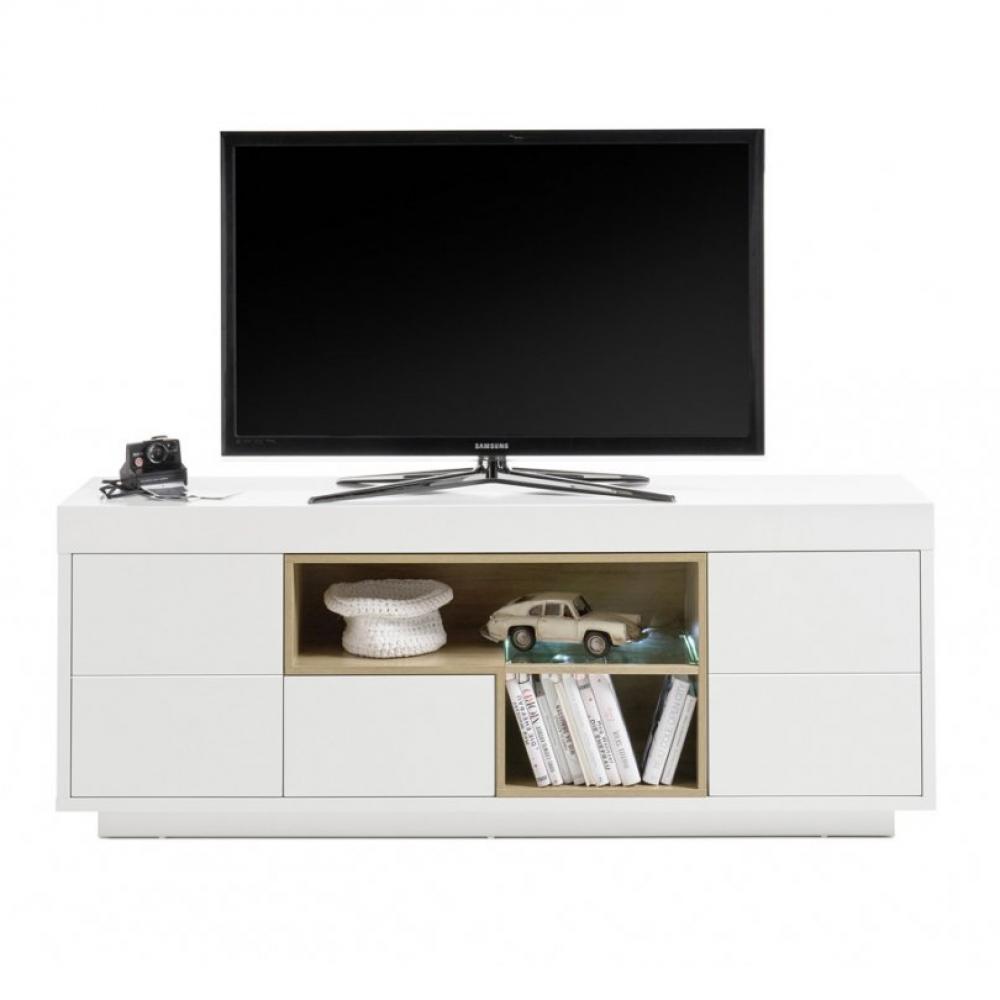 Meuble TV CLEO 169 cm blanc laqué mat 2 portes 1 tiroir 2 niches décor chêne