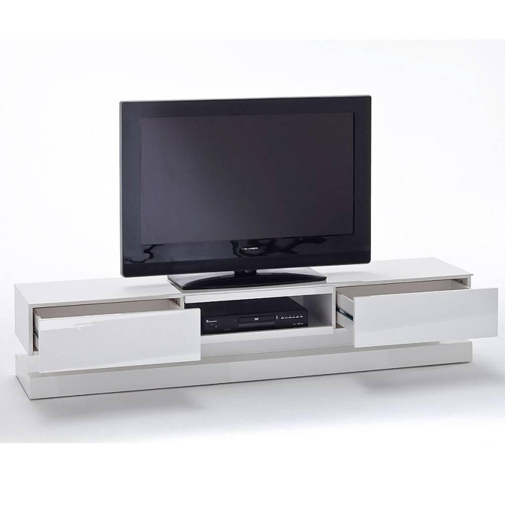 Meuble TV design SHIVA 2 tiroirs laqué blanc brillant éclairage led intégré