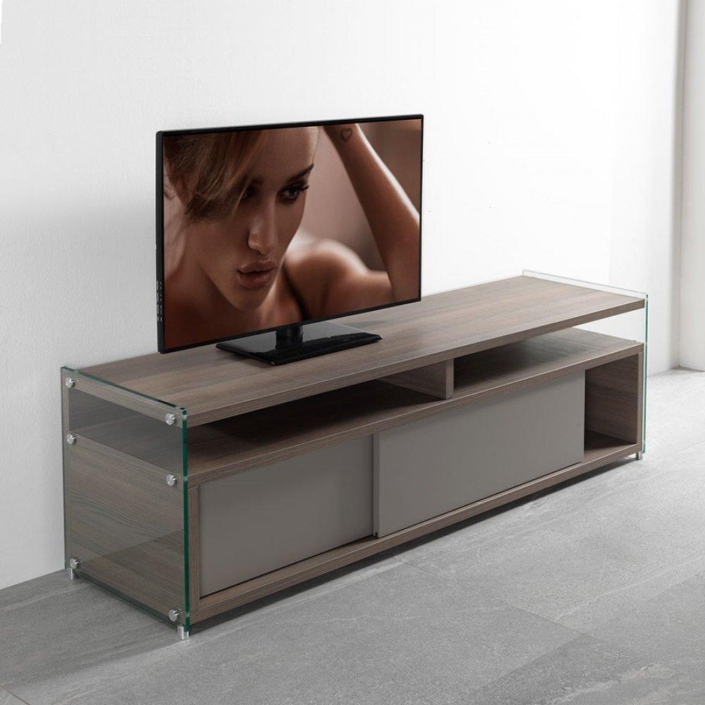 Meuble TV TALAC 180 cm coloris noyer avec 2 portes coulissantes taupe