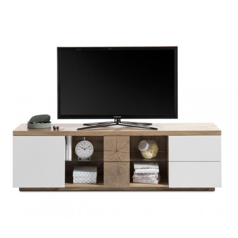 Meuble TV HERNING 180 cm laqué blanc mat et décor chêne 1 porte 2 tiroirs