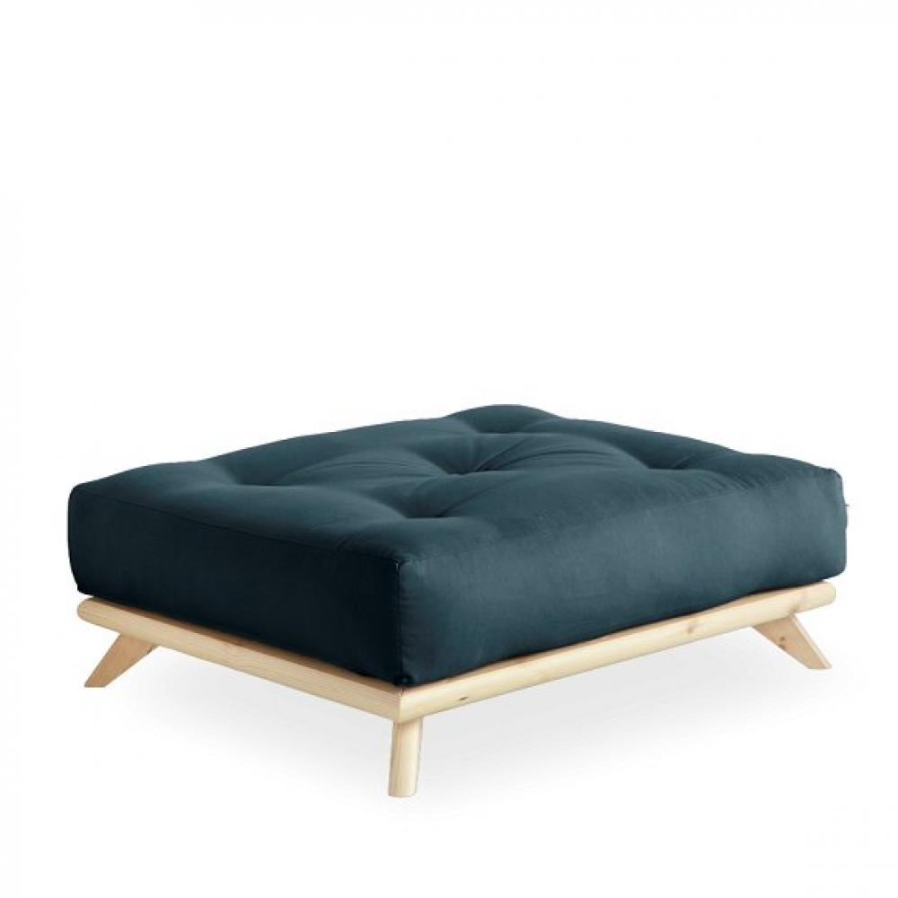 Pouf futon SOREN pin naturel coloris bleu pétrole de 90 x 100 cm.