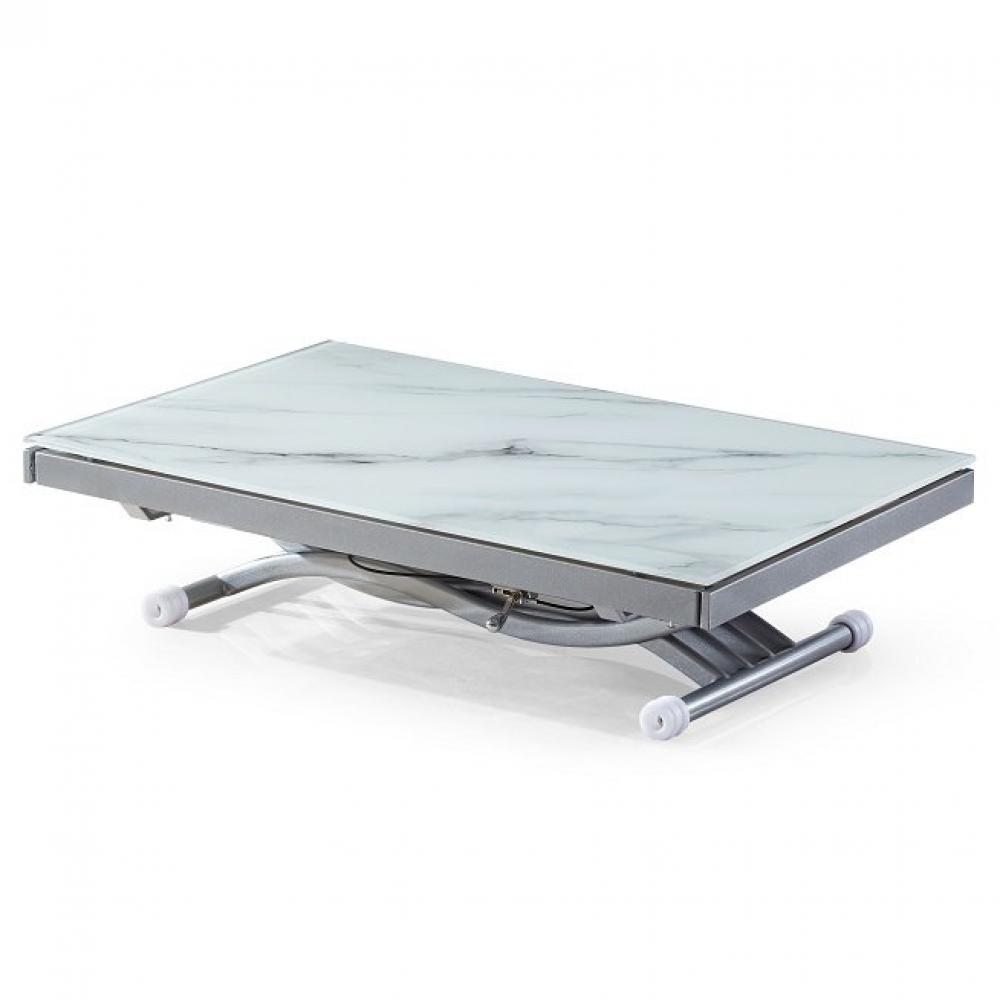 Table basse NEWFORM relevable extensible, plateau en verre trempé, marbré blanc