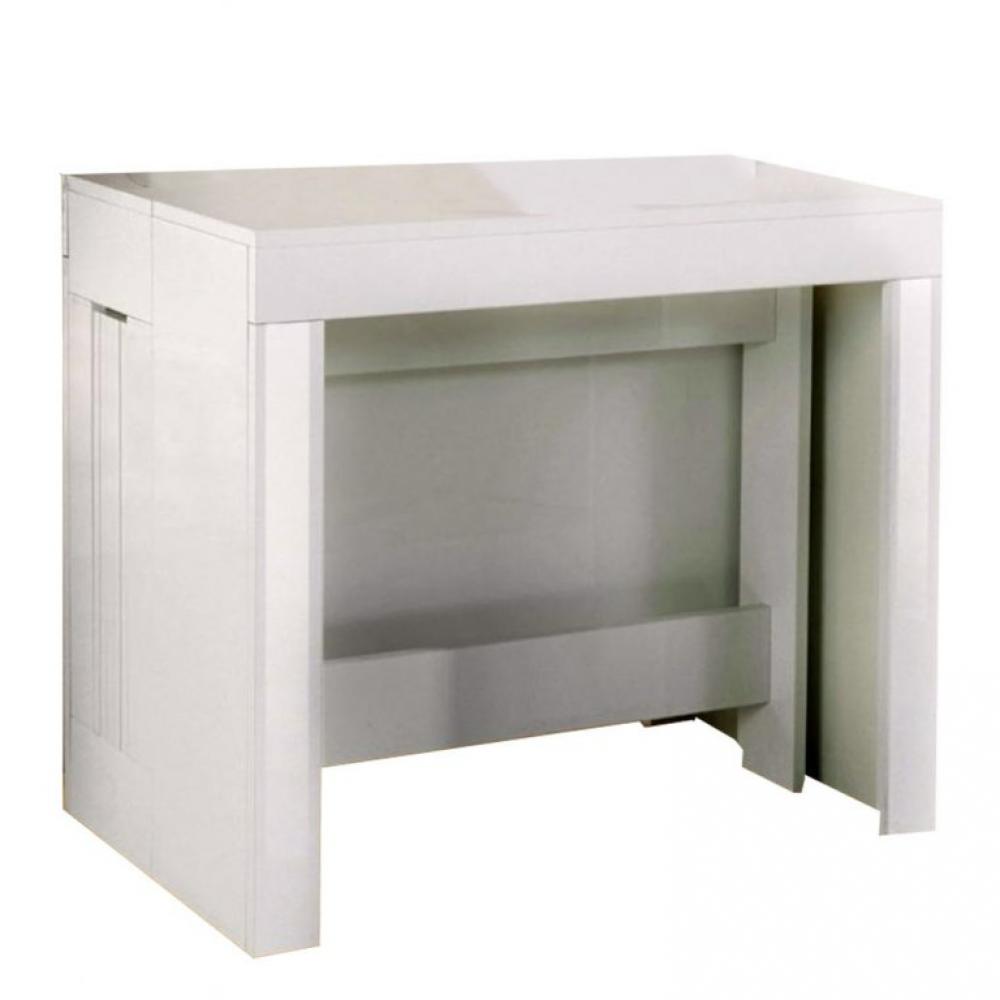Table console extensible 12 couverts LONGO 90 cm finition laqué blanc brillant avec 5 allonges intég