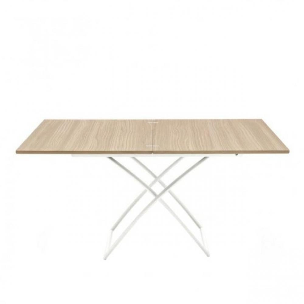 Table basse relevable extensible italienne MAGIC J en bois naturel et piétement en acier laqué blanc